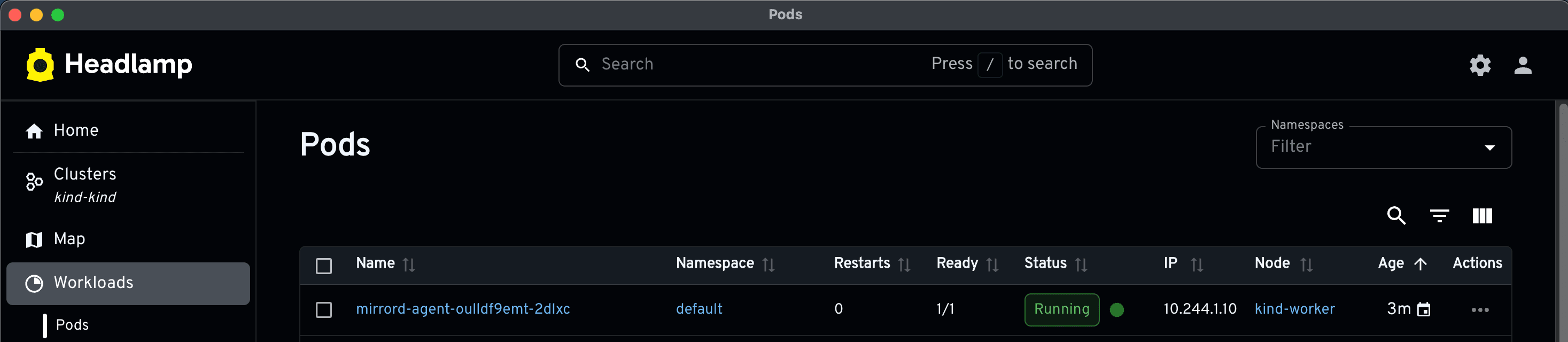 mirrord agent pod shown in the Kubernetes cluster