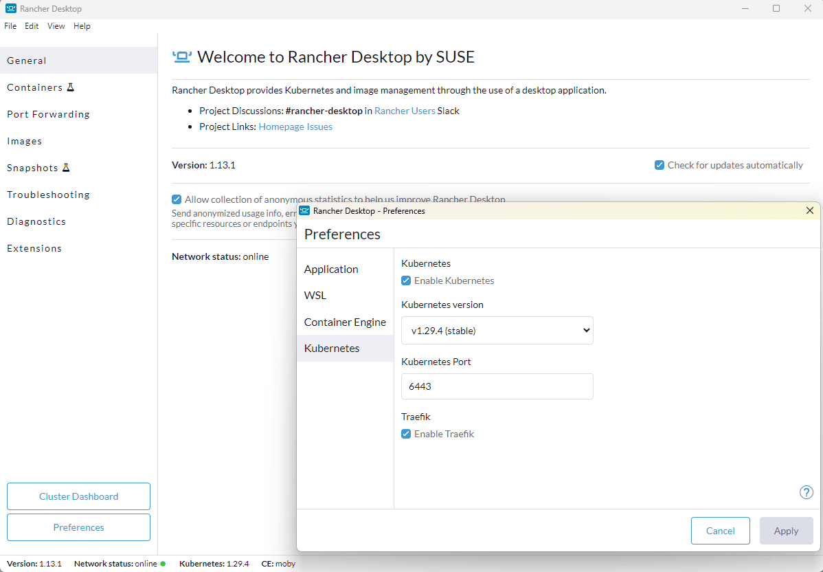Rancher Desktop Kubernetes configuration for the local cluster