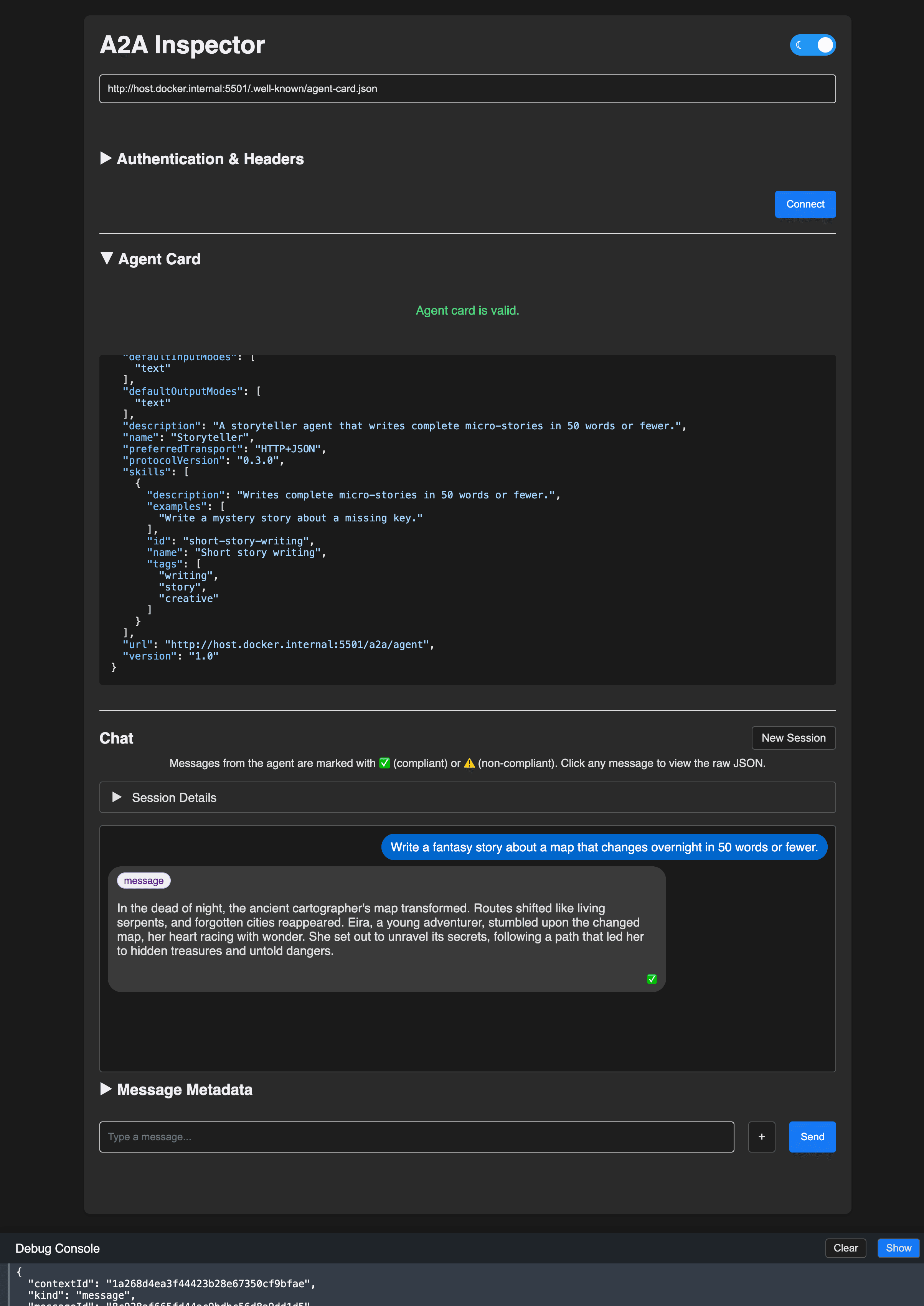 A2A Protocol Inspector connected to the demo agent