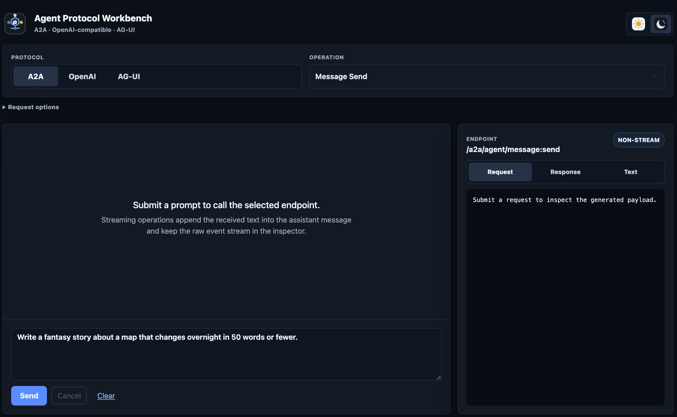 Agent Protocol Workbench web app for exercising A2A, OpenAI-compatible, and AG-UI endpoints