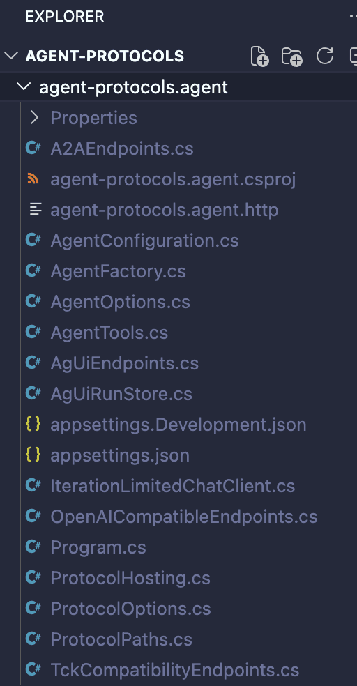 Agent project structure showing protocol endpoint modules and hosting code