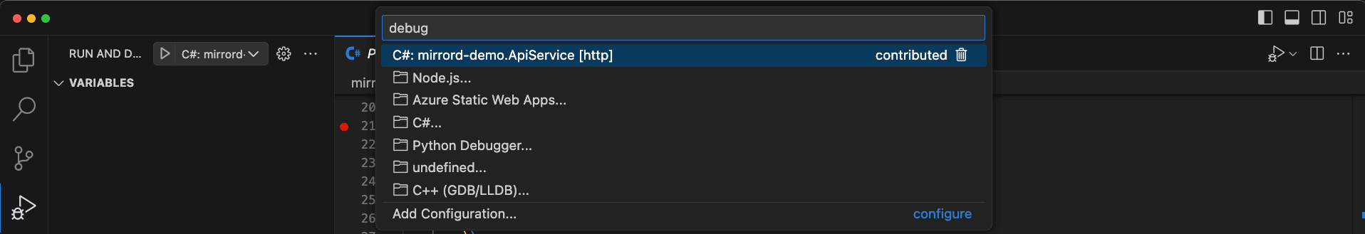 Visual Studio Code project selection for the API debug session