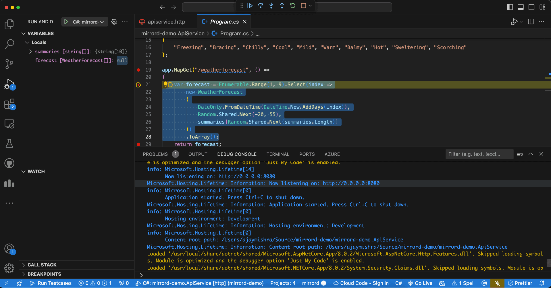 Visual Studio Code breakpoint hit while debugging through mirrord
