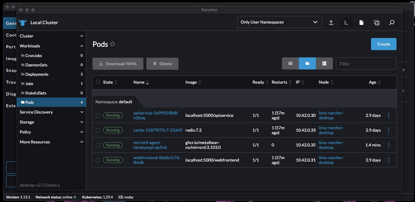 Rancher Desktop showing the mirrord agent running in the cluster