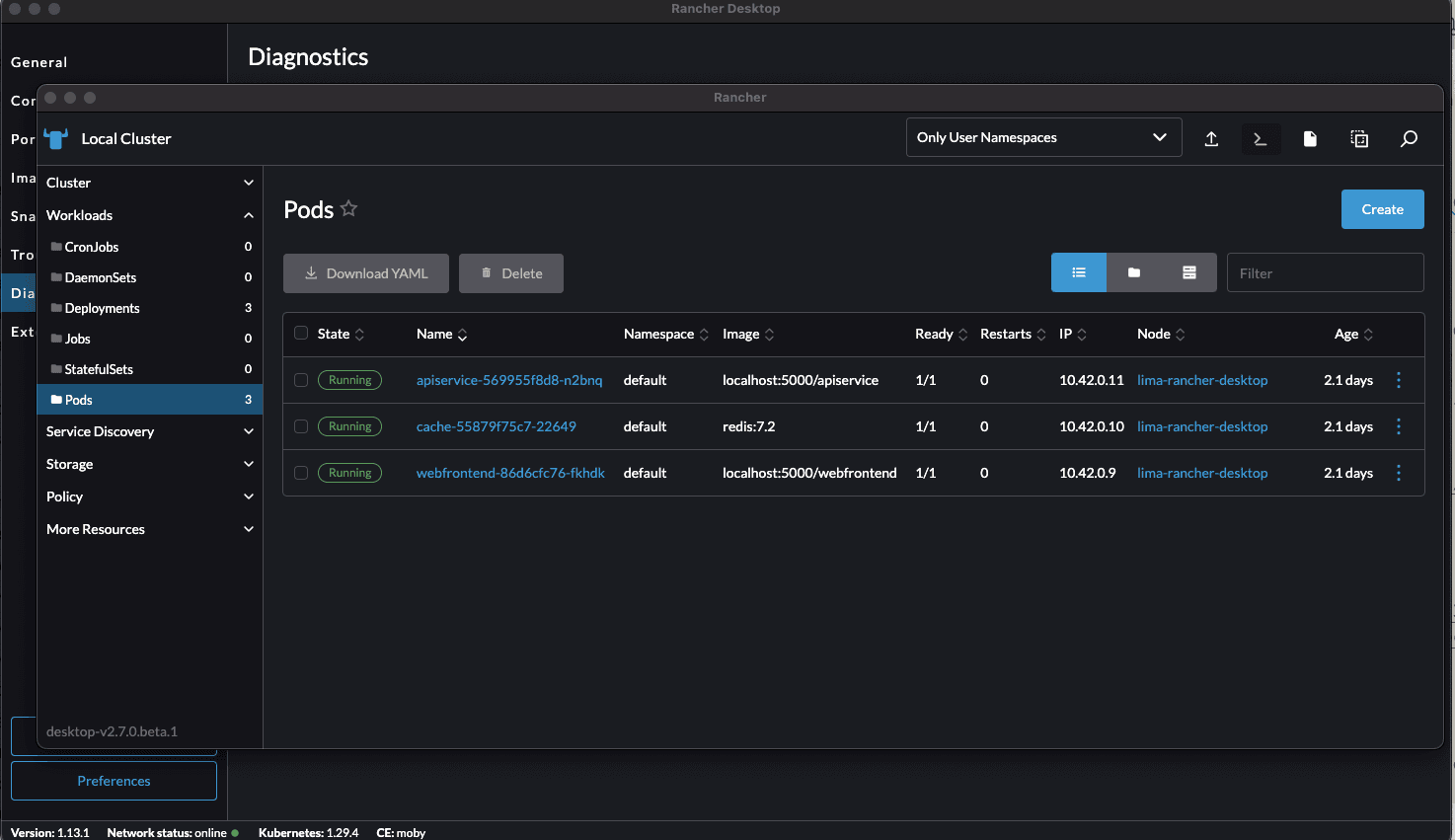 Rancher Desktop showing Kubernetes pods for the demo application