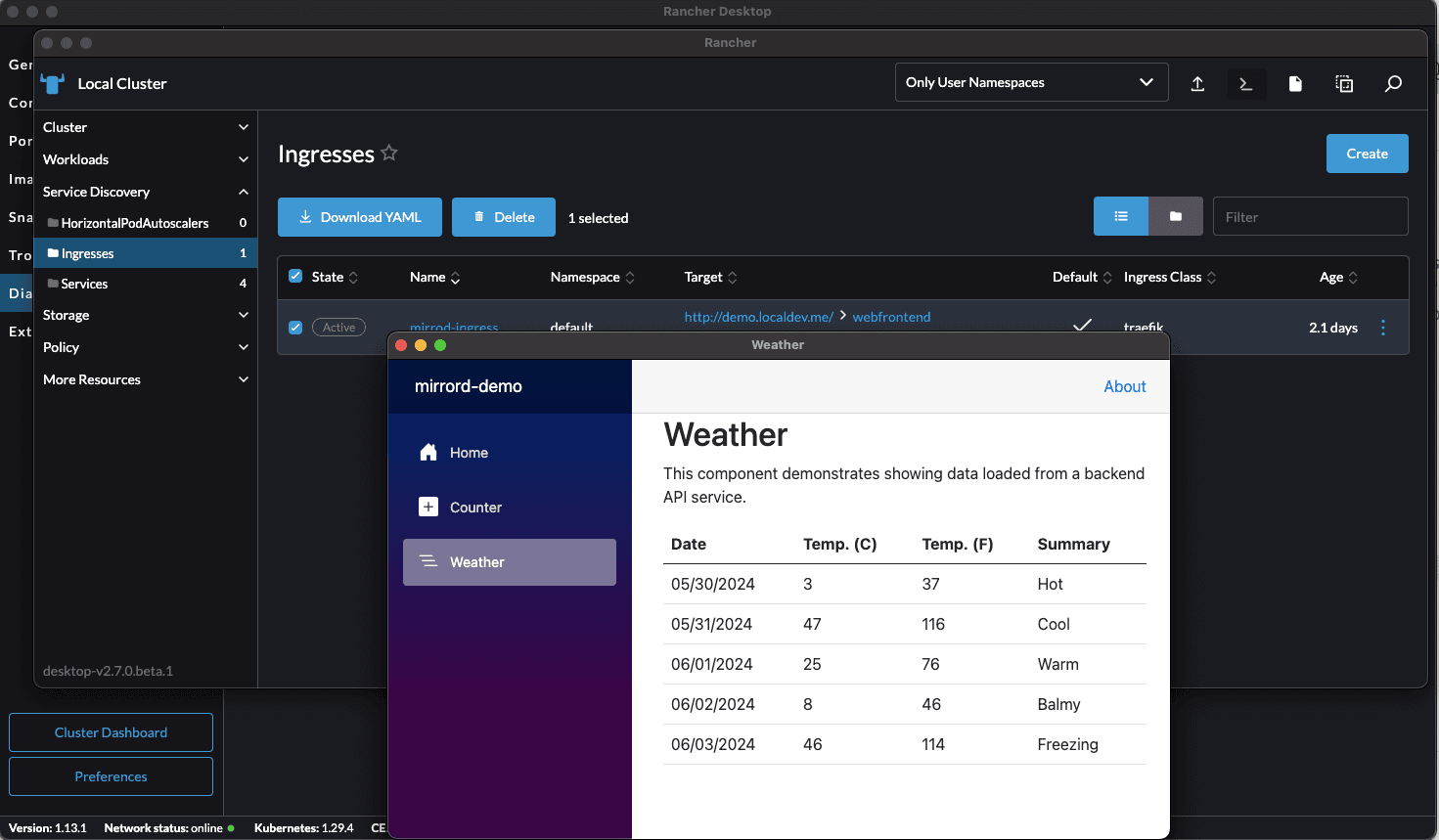 Demo web application opened through the configured local ingress